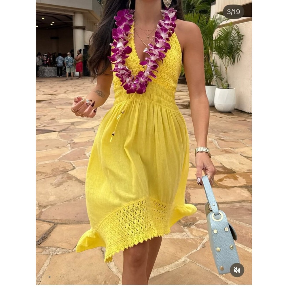 Sea Spice Resort Wear Yellow Peruvian Cotton Crochet Halter High Low Dress M
